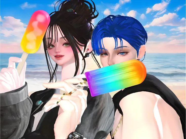 There are two women with blue hair and iridescent ice cream, second life avatar, imvu, nixeu and sakimichan, secondlife, y 2 k cutecore clowncore, 🐋 as 🐘 as 🤖 as 👽 as 🐳, inspired by Sim Sa-jeong, near beach, ! Split hair dye!, Eating ice cream