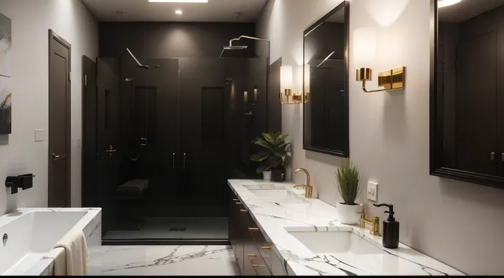 make a bathroom of a modern house decorated with marble, extreme highlight in the marble, use amazing lights