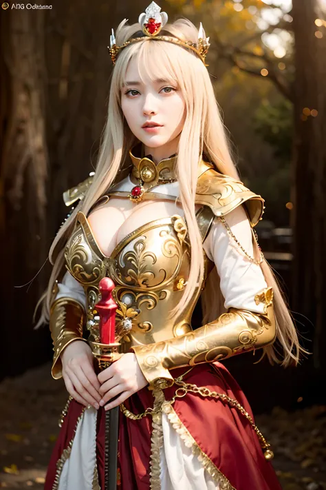 (masutepiece), Professional , ​masterpiece、top-quality、photos realistic , depth of fields （Gemstone Silver Metal Body:1.９),Background inside the castle、(Matte Red、Jewel Gold Weapon（Jewel Metal Body:1.４),Young 20 year old girl、（Gorgeous metal weapons） , Det...