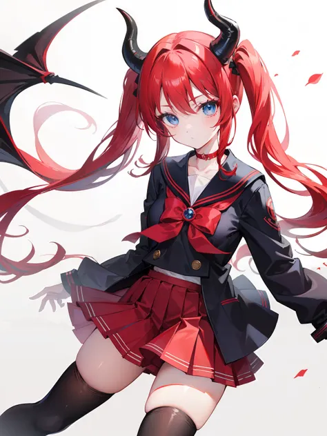 red hair, blue eyes, twintails, Sailor suit,black coat, Dragon horns,Pleated skirt,solo,loli,cute,bow