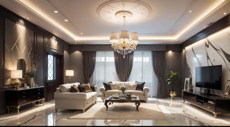 make a living room of a modern house decorated with marble, extreme highlight in the marble, use amazing lights