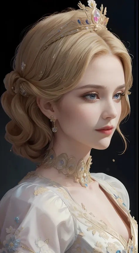 tmasterpiece，Highest image quality，Beautiful bust of a royal lady，Delicate blonde hairstyle，Embellished with brilliant and intricate floral jewelry，super detailing，upscaled。