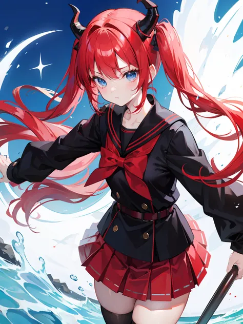 red hair, blue eyes, twintails, Sailor suit,black coat, Dragon horns,Pleated skirt,solo,loli,cute,bow