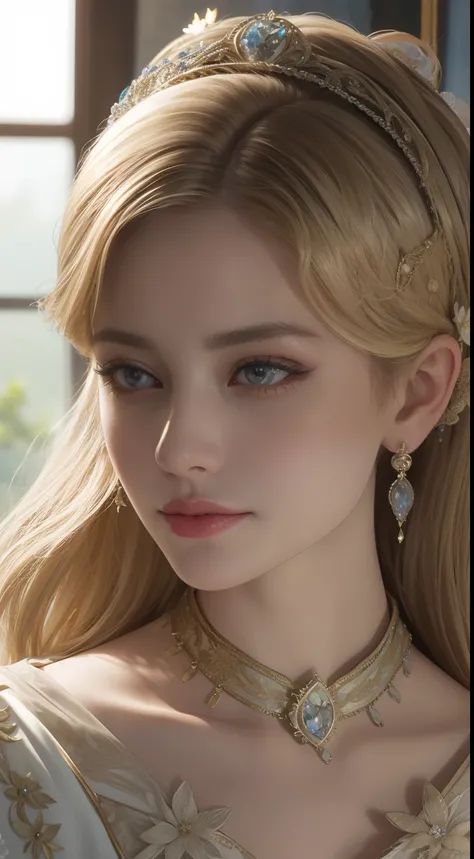 tmasterpiece，Highest image quality，Beautiful bust of a royal lady，Delicate blonde hairstyle，Embellished with brilliant and intricate floral jewelry，super detailing，upscaled。