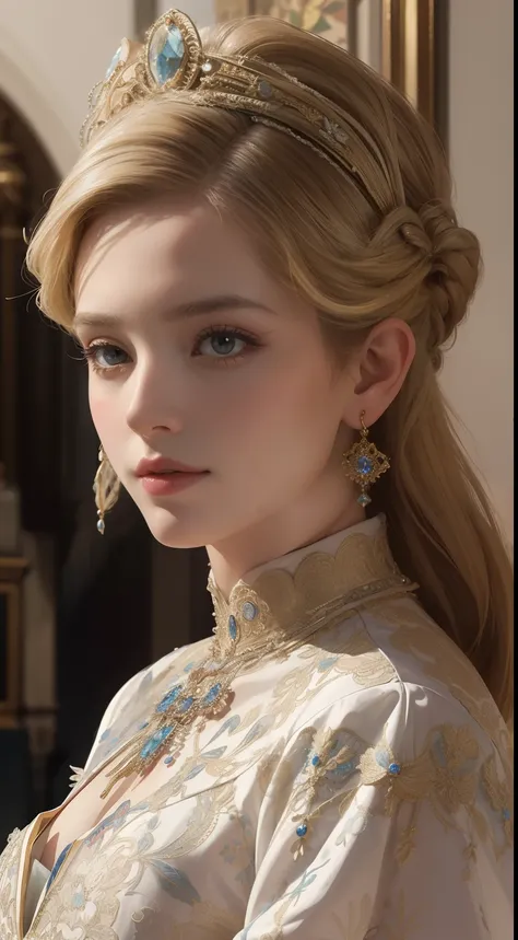 tmasterpiece，Highest image quality，Beautiful bust of a royal lady，Delicate blonde hairstyle，Embellished with brilliant and intricate floral jewelry，super detailing，upscaled。