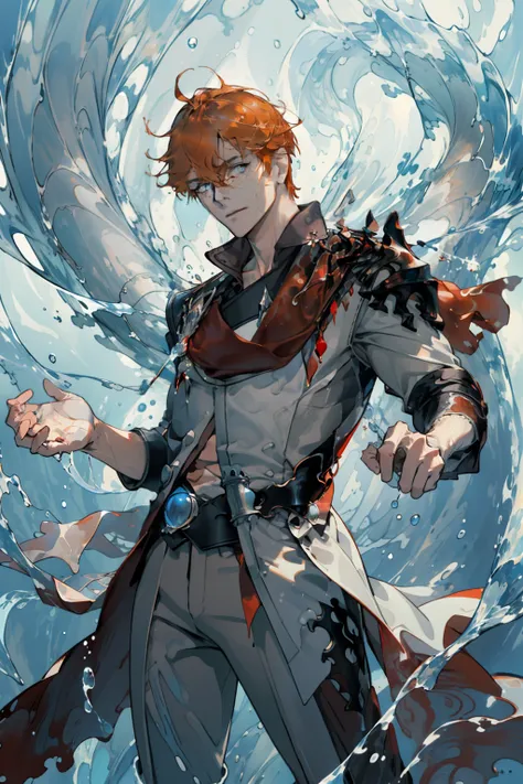 extremely delicate and beautiful, Amazing, finely detail, masterpiece, ultra-detailed, highres,best illustration, best shadow,intricate,sharp focus, high quality, 1 male solo, handsome, broad shoulders, orange hair, blue eyes, grey clothes, red scarf, dyna...