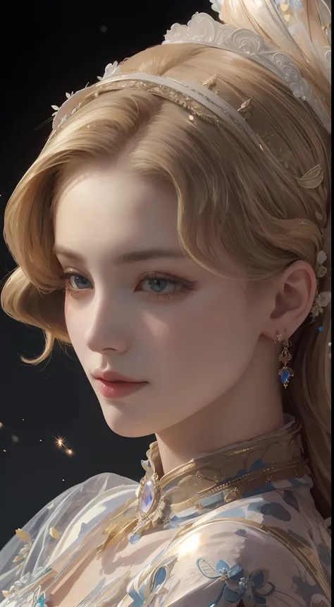 tmasterpiece，Highest image quality，Beautiful bust of a royal lady，Delicate blonde hairstyle，Embellished with brilliant and intricate floral jewelry，super detailing，upscaled。