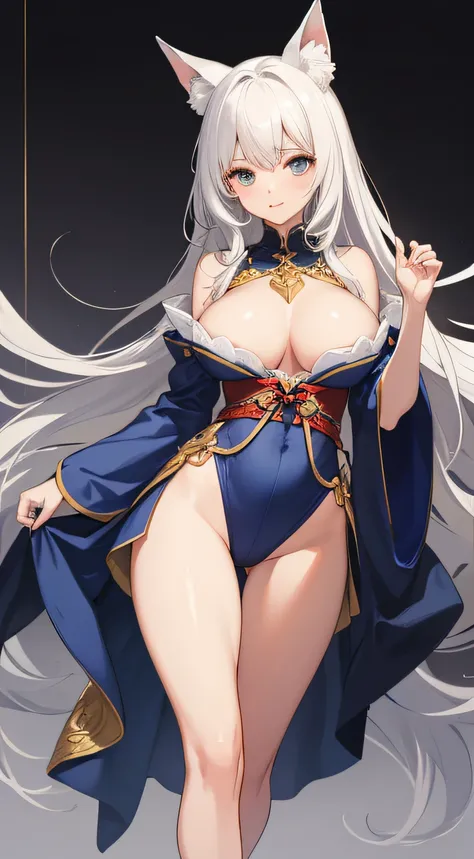 grown woman，cabelos preto e longos，eBlue eyes，White fox ears，Open the kimono，Open the chest，ssmile，tmasterpiece，high high quality,transcendent beautiful girl,Exposed chest, Huge_Breasts, Wide_lower back,open stance, Masterpiece, Best quality, Capture super...