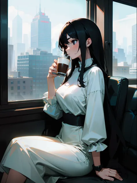 Best quality, black eyes, black hair, long hair, medium sized boobs, sits, watches at city from window, holds cup of coffee