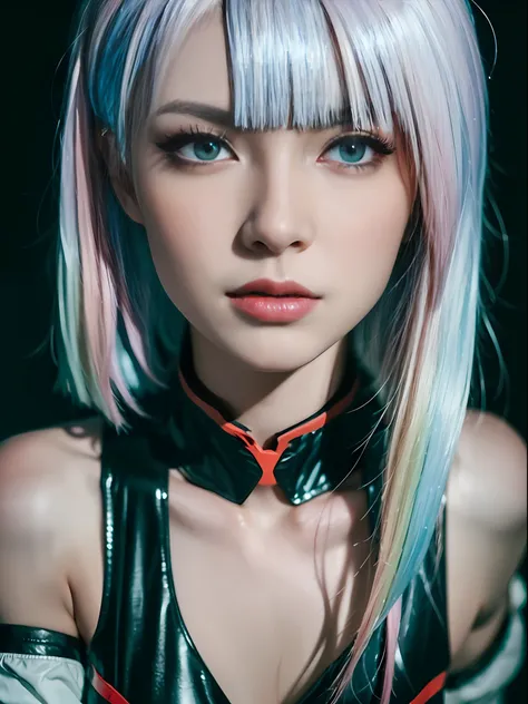 ((Masterpiece, high resolution:1.4), lucy_cyberpunk, (futuristic city at night, neon lights:1), (close up:1.5), (1girl), white short hair, bangs, ((red eyeliner)), ((makeup)), red lips, white off-shouler jacket, black bodysuit, bare shoulders, white shorts...