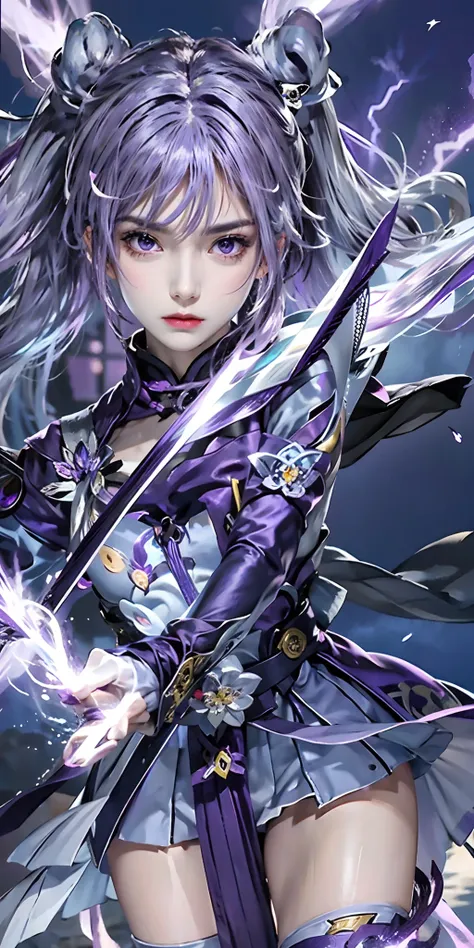 (frown, closed mouth), keqing_(genshin_impact), purple_eyes, purple hair, twintails, sharp eyes, serious face, gloves, hands holding sword, lightning glowing sword, purple lightning