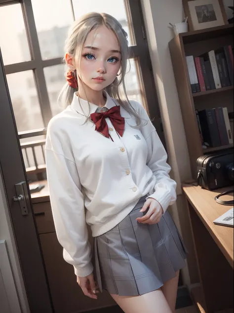 top-quality,、​masterpiece、art by、illustratio、Hi-Res, 1girl,Gray hair, 独奏, blue eyess, wrist scrunchie, length hair, red socks, student clothes, a black skirt, bangss, pleatedskirt, orange scrunchie, Red ribbons, White cardigan, long-sleeve, a bow tie, whit...