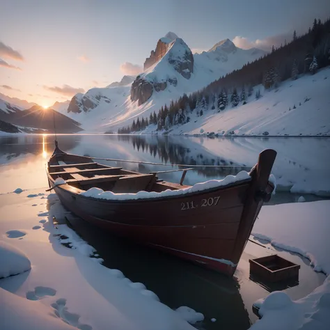 A wooden boat without a mast and nobody in the middle of the lake,falling down tightly snow,morning 6:00am, photorealstic,resloution8k,real