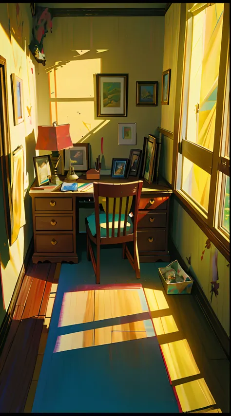 there is a room with a bed, desk, and a window, realistic afternoon lighting, a sunny bedroom, cinematic morning light, bright room, personal room background, ross tran. scenic background, by senior environment artist, afternoon lighting, painted in anime ...