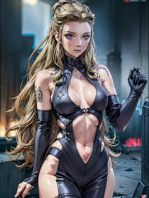 alta resolução, obra-prima, melhor qualidade, uma mulher, natalie dormer, roupa futurista, tattoo, estilo cyberpunk neon, ao fundo cidade cyberpunk a noite, pele finamente detalhada, seios enormes, pernas muito musculosas