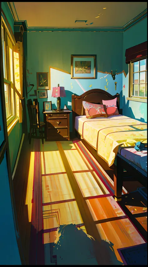 there is a room with a bed, desk, and a window, realistic afternoon lighting, a sunny bedroom, cinematic morning light, bright room, personal room background, ross tran. scenic background, by senior environment artist, afternoon lighting, painted in anime ...