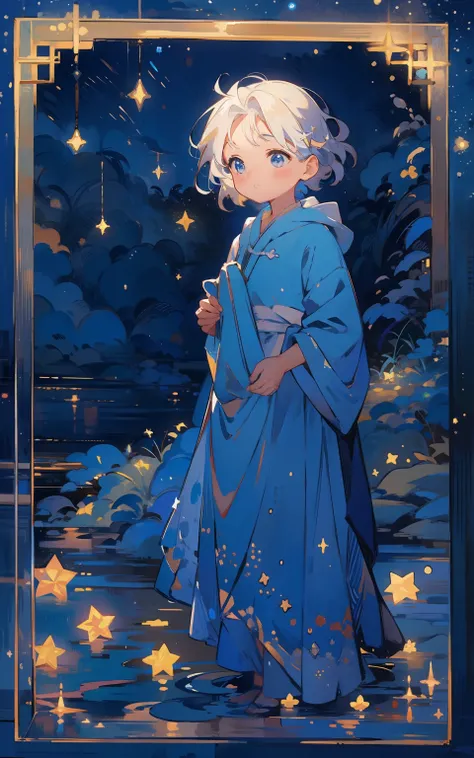 8. Blue moonlit night：Women standing on hills，Illuminated by soft moonlight。The night sky is dotted with countless stars，Creates a sense of tranquility and wonder。She took a deep breath，Feel the tranquility of the night。