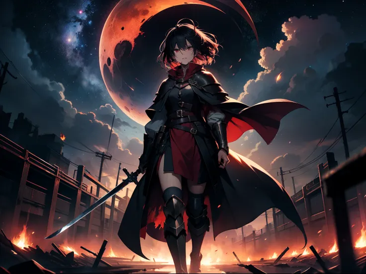 woman, starry sky, night, red tint, short hair, tomboy, black hair, Blood Moon, medieval armor, sword in hand, drenched in blood, fighting, battlefield, flames in background, full body, smoke in sky, walking over corpses