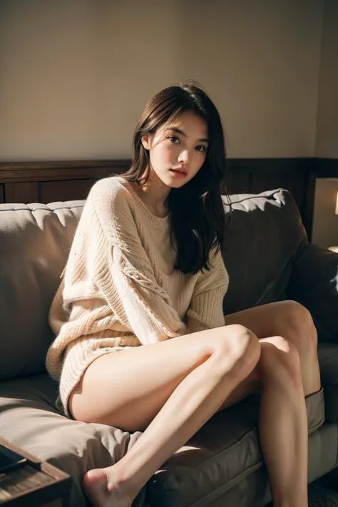 1girl in,Sitting on a cozy sofa,cross ones legs,Soft light