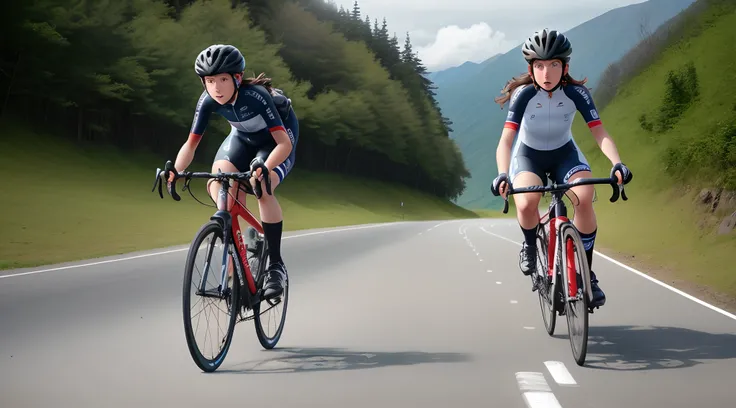 Young woman on a road bike riding in the mountains、During the race held at the top of Mount Norikura、Please describe it as if you are sweating.。