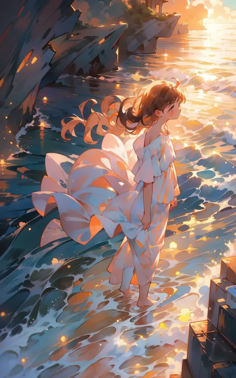 5. Ocean sunset：Women stand on cliffs overlooking the vast shining blue ocean。The setting sun dyes the sky orange and pink，A warm and serene light spilled on her face。She embraced this beautiful moment。