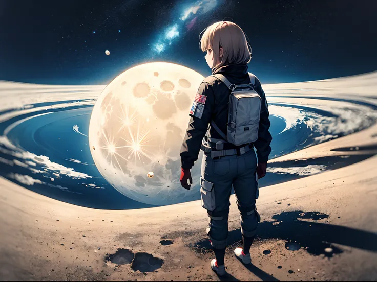 masterpiece,best quality,depth of field,full body,1girl,solo,(very wide shot:1.6),(from behind:1.2),spacesuit,cargo pants ,moon,earth,satellite,reflection,futuristic sci-fi style, fantasy style, from below, (fisheye), (1girl) was wearing a spacesuit, stand...