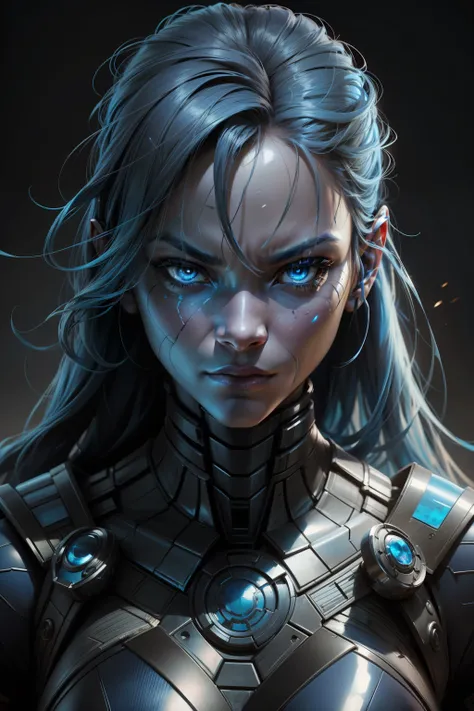 with hazy blue skin, From the Marvel Universe, is a cyborg with blue skin and a dark past linked to Thanos. Known for her superhuman strength and technological abilities, she oscillates between loyalty and conflict with her sister Gamora. a complex charact...