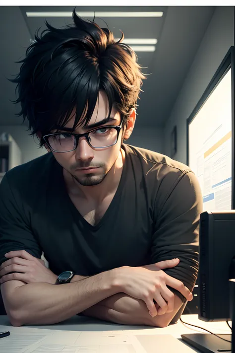 cartoonish style，deep in the night，office room，1 tired male designer struggling in front of a computer，eye glass，short detailed hair，Untidy，kawa，rich details​，the soft light，tmasterpiece