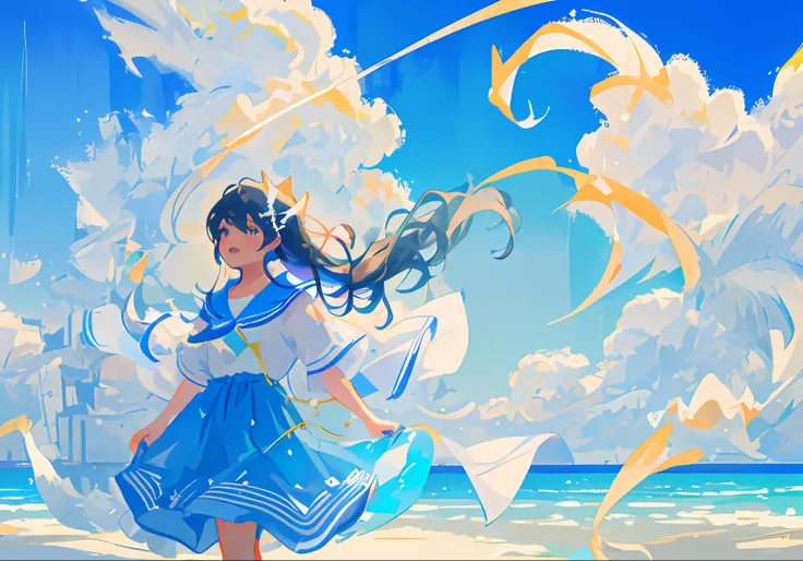 tmasterpiece，best qualtiy，ultra - detailed，illustratio，sportrait，1girl  2. Blue sky and white sand beach：Women strolling on the white and delicate sand，Above is the reflection of a bright blue sky in clear water。A gentle breeze ruffled her hair，Her eyes tw...