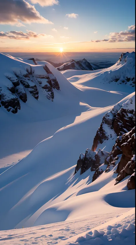 Skysky，the setting sun，Strange clouds，Thick snow，ice mountain，8K wallpapers，extreme beautiful，winning artwork，perfect compositions