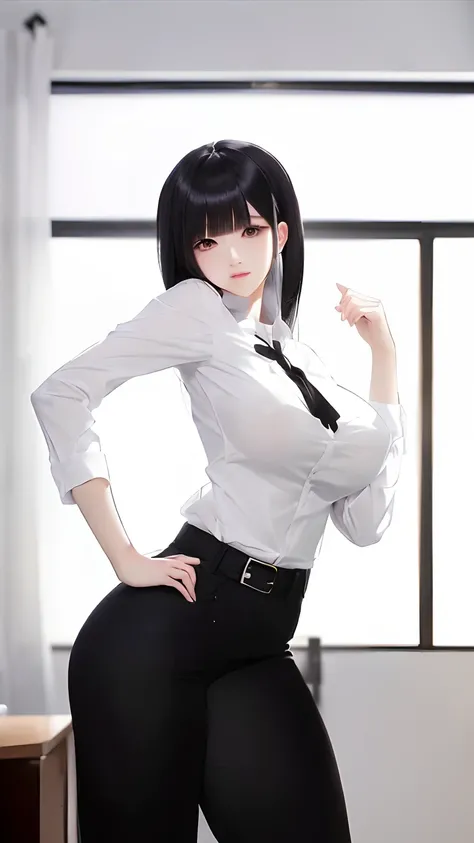 anime girl in a white shirt and black pants posing for a picture, yandere. tall, (sfw) safe for work, gapmoe yandere, most strongest pose, casual pose, mayuri shiina from steins gate, thicc, hinata hyuga, fully - clothed!!!, akane owari danganronpa, seduct...