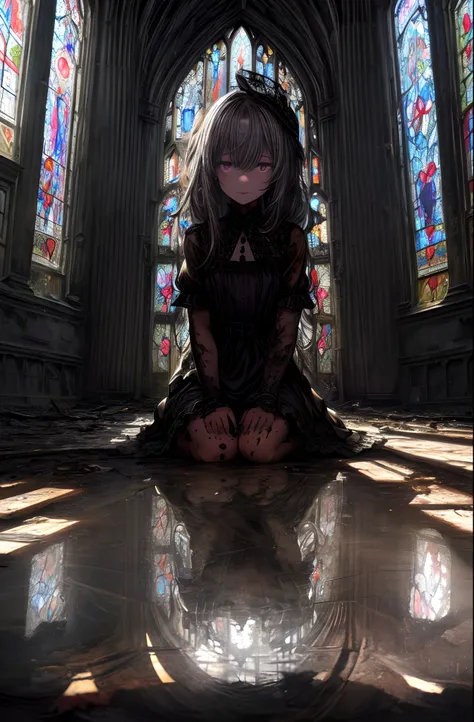 extremely detailed wallpaper, Super detailed details, detailed shadow, very precise detailed, extremely detailed 8K wallpaper, very fine 8KCG wallpapers,An old abandoned church. A girl sitting down. Her black dress is torn and stained in places. Her white ...