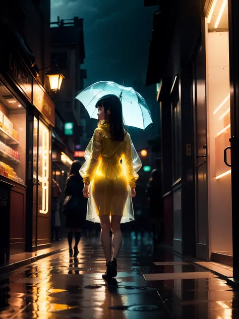 nigth，rained，A girl in front of the shop，Close the door，Only neon signs flash，Transparent raincoat in yellow dress for girls，Holding a transparent umbrella，Puddles map neon light shadows，Stage-like lighting，Shops、Girl clear，Other darkness。