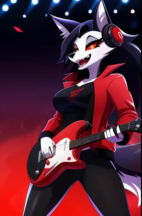 best quality, solo, 1 girl, wolf face, Eyelashes in the eyes, (visible white iris), (scarlet sclera), much long fluffy hellhound tail, (Hellhound), expression excited, open the mouth for sing, wolf female, furry female, (long black and red gradient hair), ...