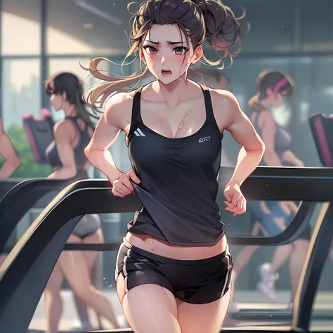 one girl doing treadmill in gym、(sportsbra、black shorts、mass sweat)、8k、real texture、beautiful style、anime-like faces