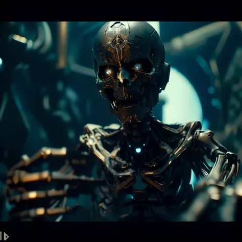 arafed skeleton in a dark room with a clock in the background, movie still of a alien cyborg, movie still of a villain cyborg, movie still of a cyborg, movie still of a cool cyborg, sci-fi cinematic movie still, ultron, sci-fi movie still, movie still of a...