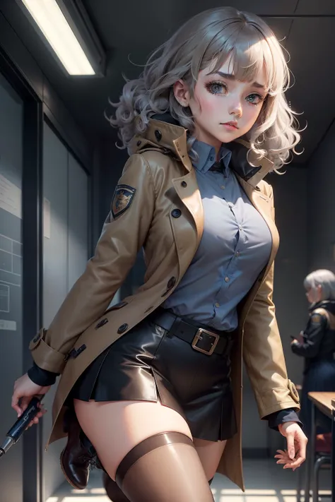 Perfect anime illustration, 1girll, Gray hair, Curly hair, matching hairstyle, browneyes, inquisitive，Handheld baton，curiosity，Pleasure, ((matching outfits, Light brown transparent student uniform，Dark brown detective style coat，Leather booties)), matching...