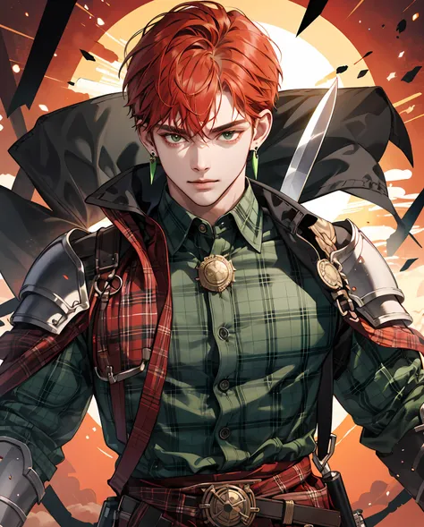 Redhead, boy, round eyes, sincere, black and green plaid shirt, knife, sun earrings, wearing armor