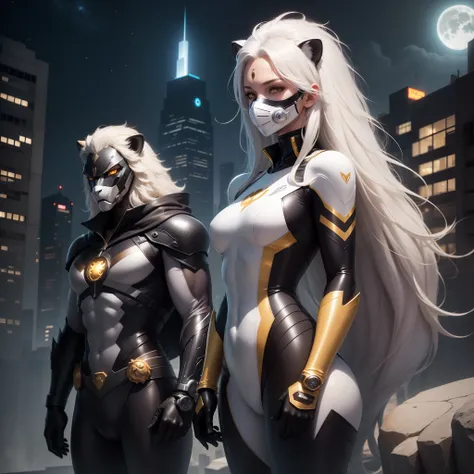 A female superhero suit design based on lion ,a sleek bodysuit, stylish male superhero costume, white and golden in color, a lion logo at back, a half face covering mechanical mask in face, white hair and white eyes, brown skin, with sci-fi gloves and shoe...