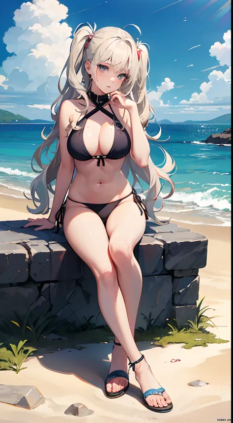 ((Best Quality)), (Ultra-detailed), ((Extremely detailed)), (Beautiful), ((Kawaii Girl)),(two side up hair).,Platinum Blonde Hair,Long hair, hair between eye, Wavy Hair, Long sideburns,Jade-colored eyes, White skin,Normal Chest,Slender body,Cross Halter Bi...