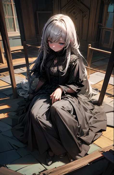 extremely detailed wallpaper, Super detailed details, detailed shadow, very precise detailed, extremely detailed 8K wallpaper, very fine 8KCG wallpapers,An old abandoned church. A girl sitting down. Her black long dress is torn and stained in places. Her w...