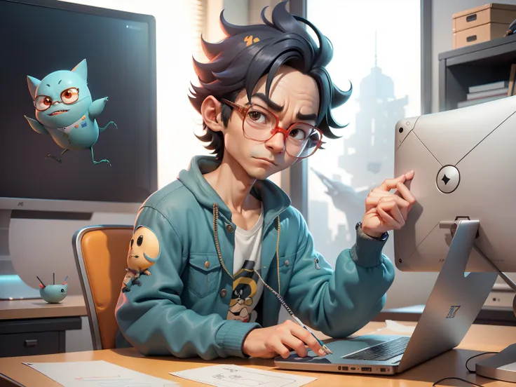 A young man with glasses sits at his desk，holding laptop，digitial painting，3D character design by Mark Clairen and Pixar and Hayao Miyazaki and Akira Toriyama，4K HD illustration，Very detailed facial features and cartoon-style visuals。