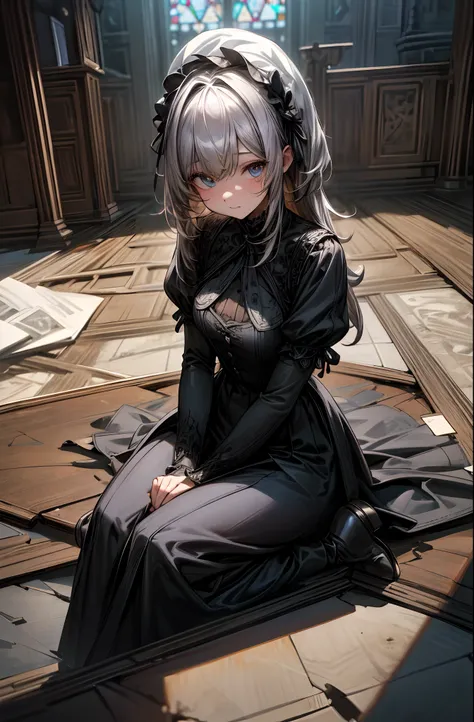 extremely detailed wallpaper, Super detailed details, detailed shadow, very precise detailed, extremely detailed 8K wallpaper, very fine 8KCG wallpapers,An old abandoned church. A girl sitting down. Her black long dress is torn and stained in places. Her w...