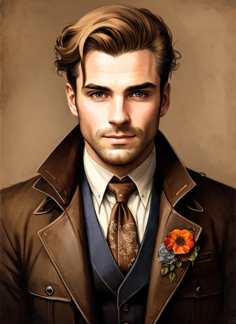 modelshoot style Charlie Bowater realistic Lithography sketch portrait of a man, flowers, [gears], pipes, dieselpunk, multi-colored ribbons, old paper texture, highly detailed