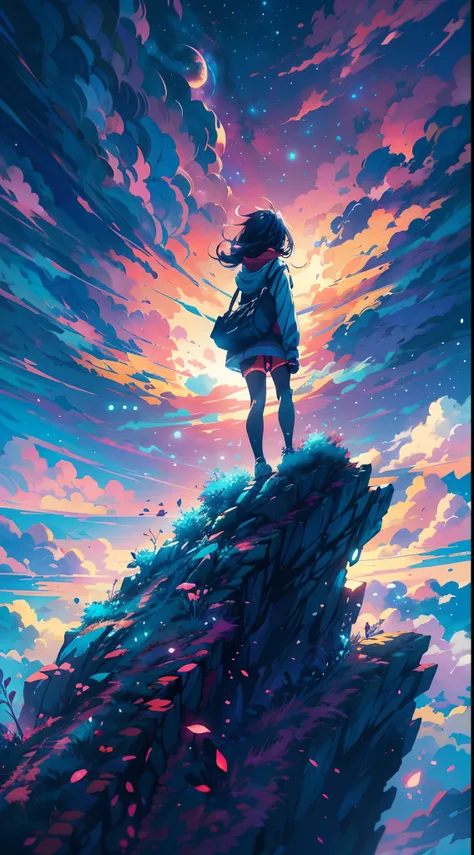 anime girl standing on a rock looking at a star filled sky, makoto shinkai cyril rolando, anime art wallpaper 4k, anime art wallpaper 4 k, anime art wallpaper 8 k, cosmic skies. by makoto shinkai, inspired by Cyril Rolando, in the style dan mumford artwork...