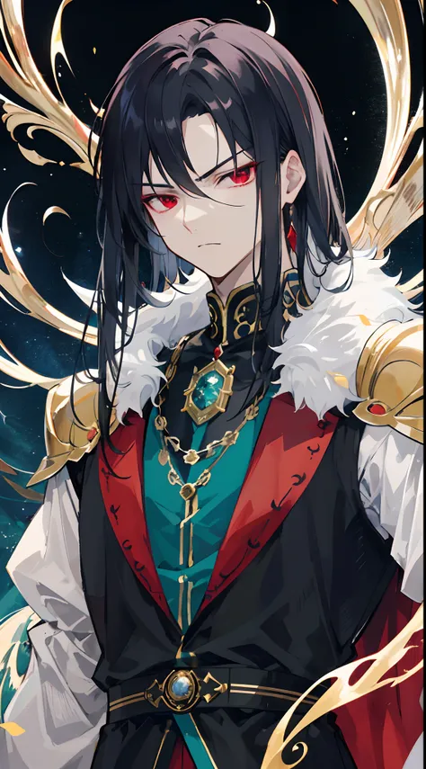 "Create an artwork of Alfred, King of the Gods and Emperor of the Humans, with sharp red eyes and flowing black hair. He wears regal attire reminiscent of celestial royalty, exuding an aura of both power and arrogance. Capture the essence of his somber and...