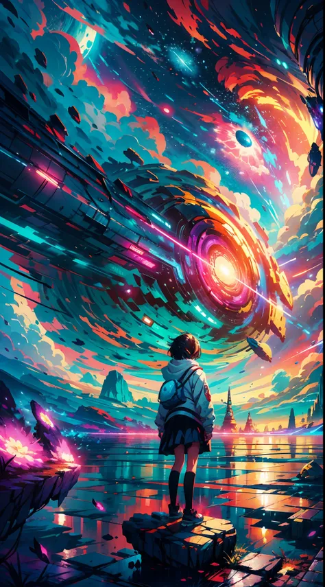 anime girl standing on a rock looking at a star filled sky, makoto shinkai cyril rolando, anime art wallpaper 4k, anime art wallpaper 4 k, anime art wallpaper 8 k, cosmic skies. by makoto shinkai, inspired by Cyril Rolando, in the style dan mumford artwork...