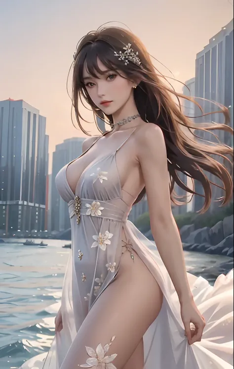 Masterpiece level，high qulity，clear photo，An elegant woman，Stand on a rock on the beach，The face is delicate，Clavicle chain，Wearing a long floral dress，Cotton lining，Attractive posing，posterior view，Sexy buttocks，The background is blurred out，depth of fiel...