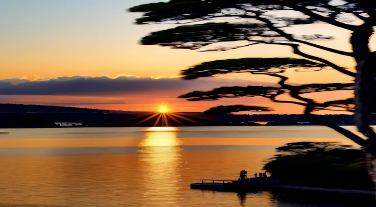 Beira de um lago, Highlight for the Golden Sunset, a paleta de cores vibrantes, sun sunset, brilho da noite, distant view, realista, cores ricas, lindo e colorido, lente grande angular, filming at night, filme positivo, Estilo naturalista, High Definition ...