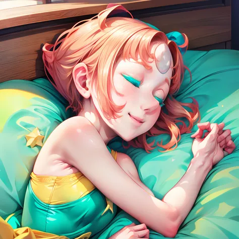 1girl, Pearl, pale, ivory complexion, light-cyan eyes, peach-colored hair, forehead gem, aqua blue tunic, cyan high-waist ribbon, yellow shorts, star emblem, swept-back hair, short hair, pearl gem, pointy nose, pink socks, light blue ballet flats, sleeping...